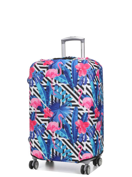 Housse de valise extensible Black & White Stripes with Flamingos M Blanc